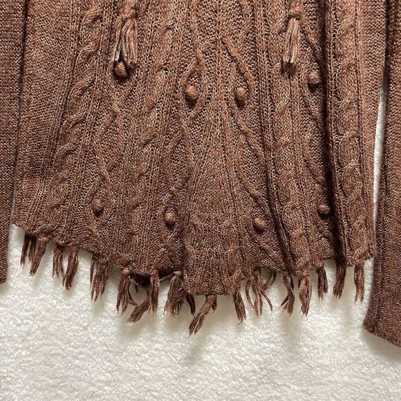 prAna Shelby Poncho Sweater Large Wool Knit Cable Fringe Boho Brown Red Rust - Picture 6 of 8